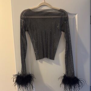 Chic Black Mesh Top with Feathered Cuffs